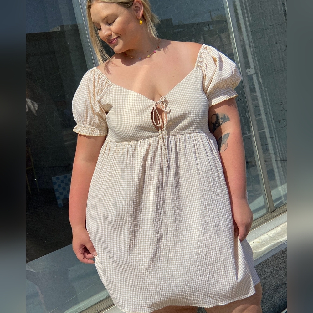 Lisa Says Gah Cream and Tan Gingham Puff Sleeve Mini Dress